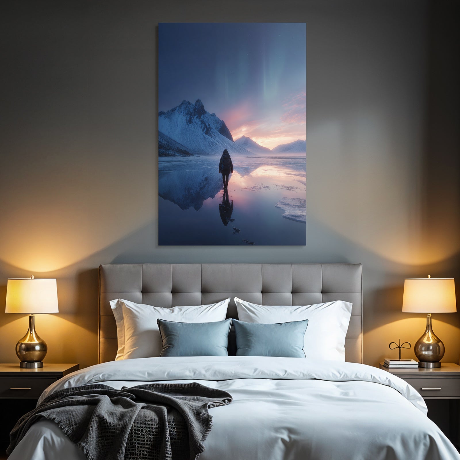 Polarlicht Winterlandschaft Solitaire Person Eisflächen Bergblick Nordlichter | Fjorde und Gletscher | Landschaften