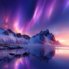 Polarlicht Schneebedeckte Berge Und Aurora Borealis Reflexion Im Wasser | Fjorde und Gletscher | Landschaften