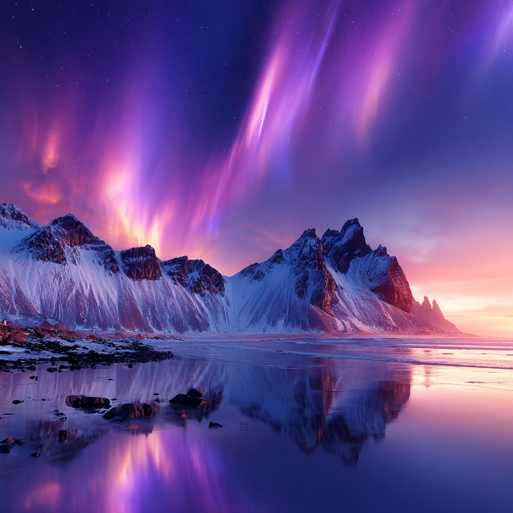 Polarlicht Schneebedeckte Berge Und Aurora Borealis Reflexion Im Wasser | Fjorde und Gletscher | Landschaften