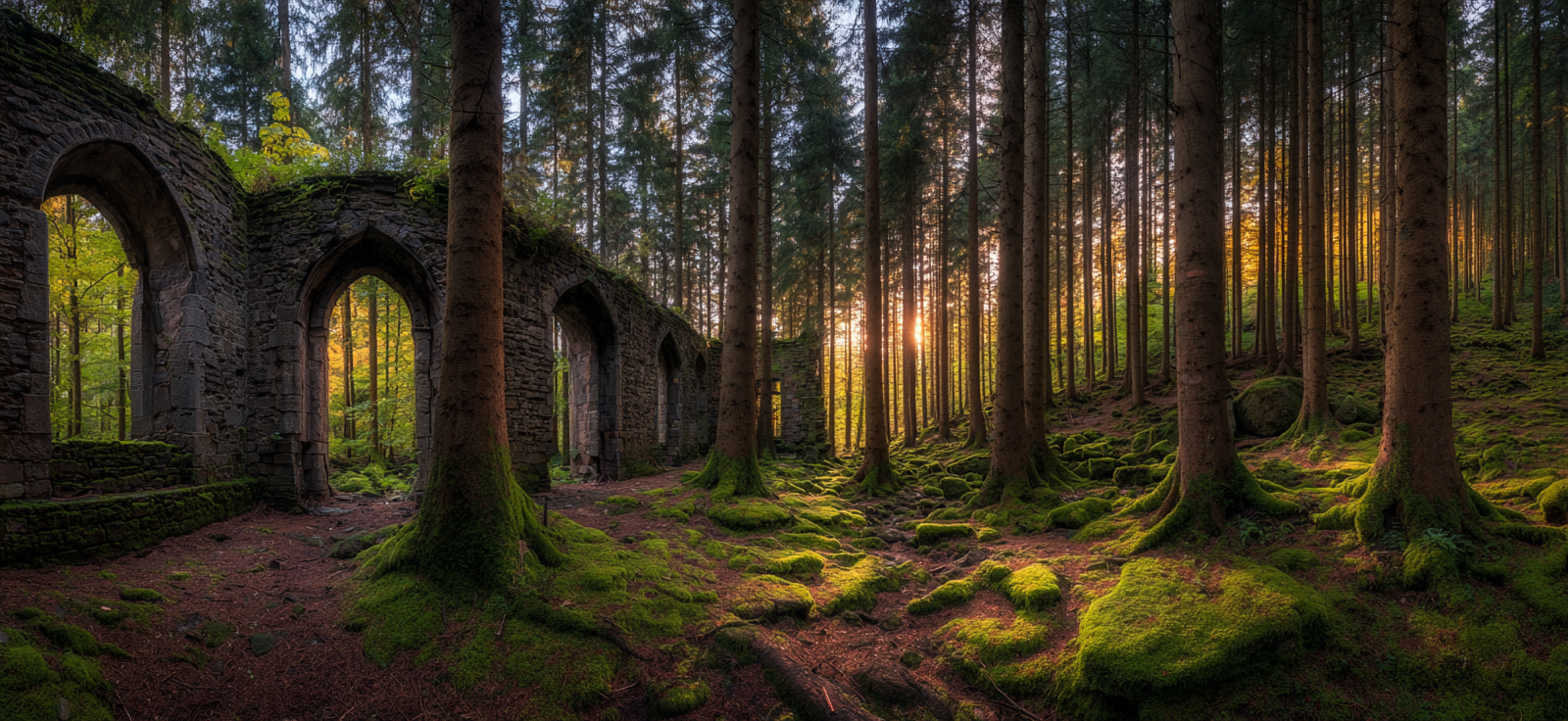 Verlassene Steinstruktur Im Wald Mit Moos Und Sonnenstrahlen | Lost Places | Architektur