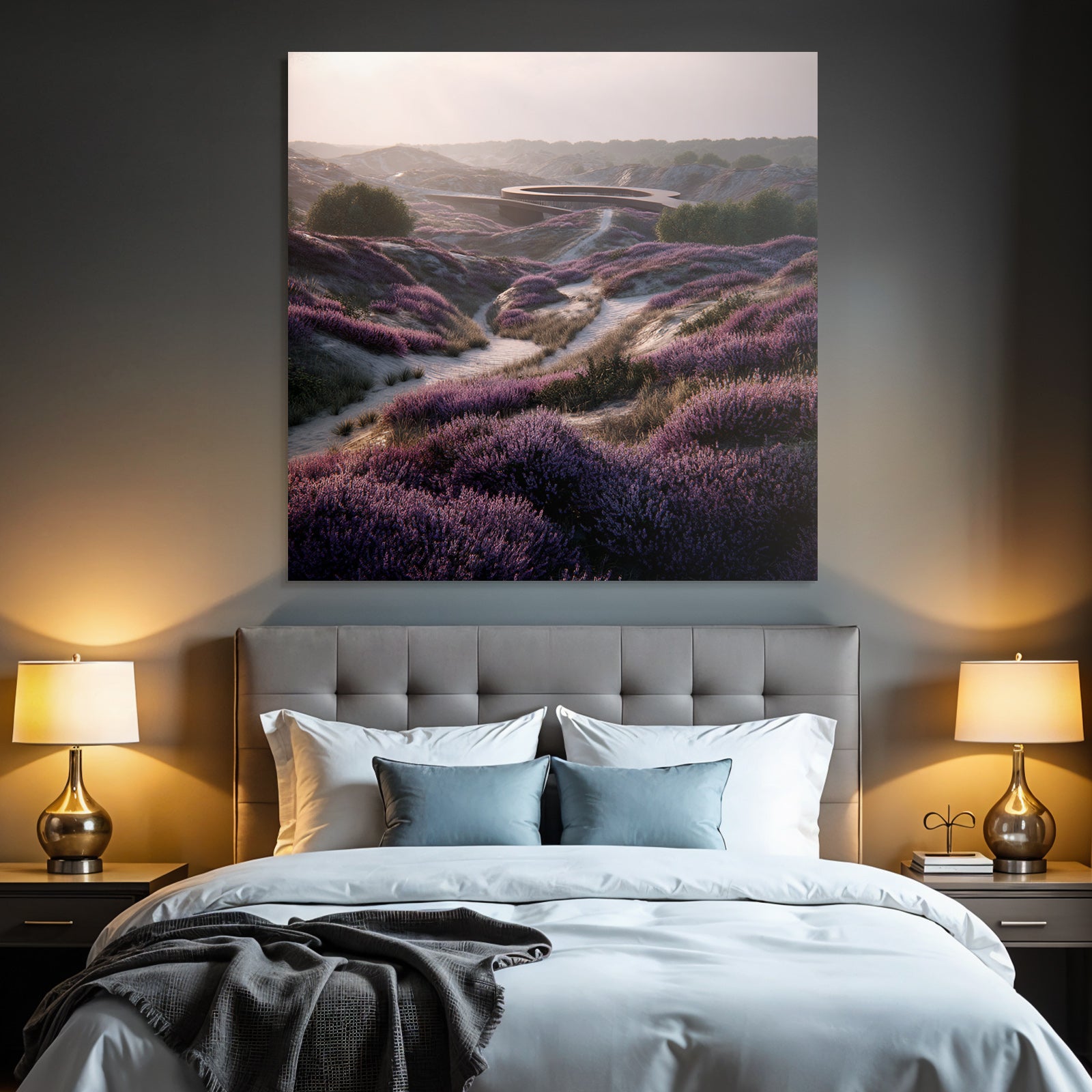 Landschaft Mit Heideblumen Modernen Architektur Dawn Dusk | Duenen und Heide | Landschaften