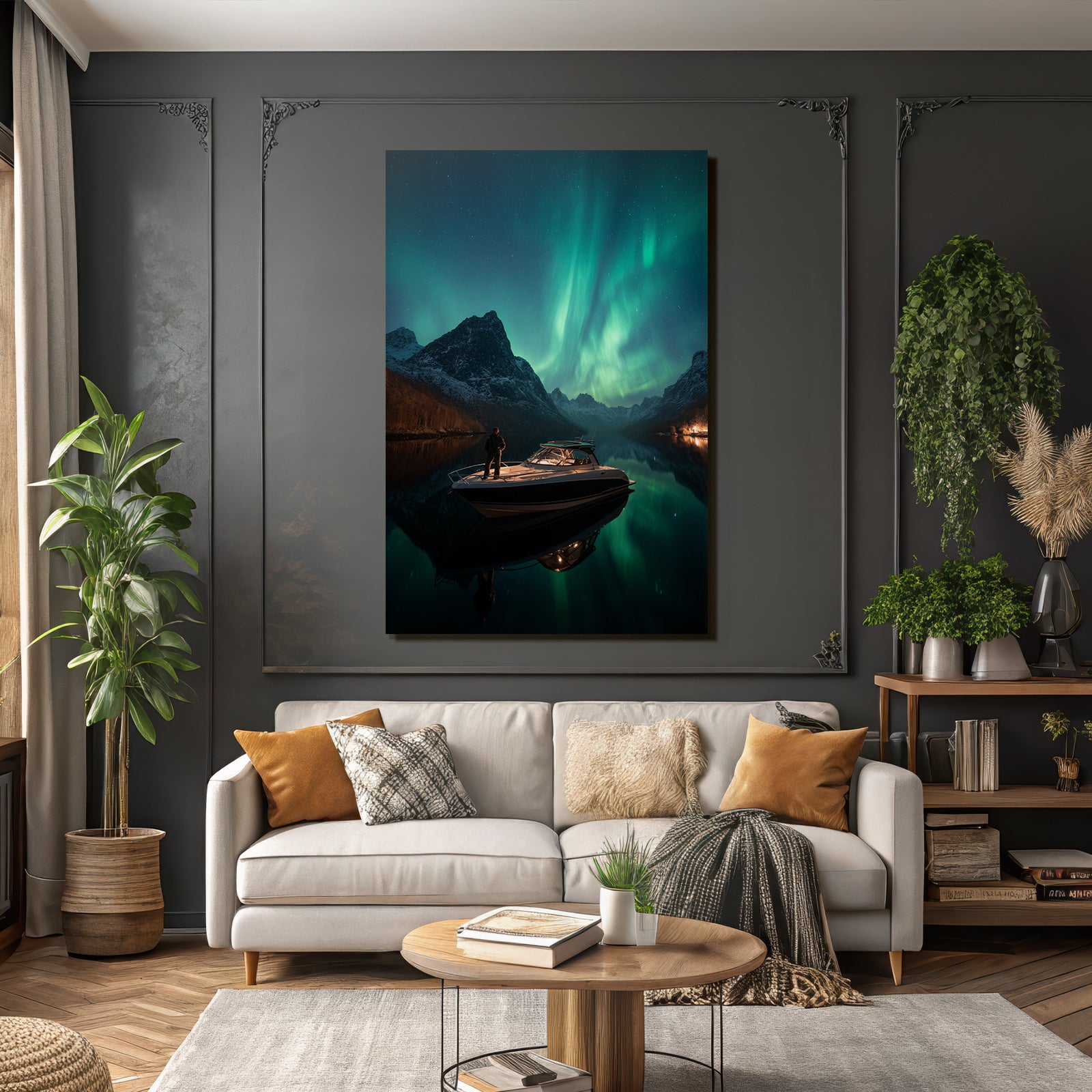 Polarlicht Nachtlandschaft Boote Aurora Sterne Reflexion | Fjorde und Gletscher | Landschaften