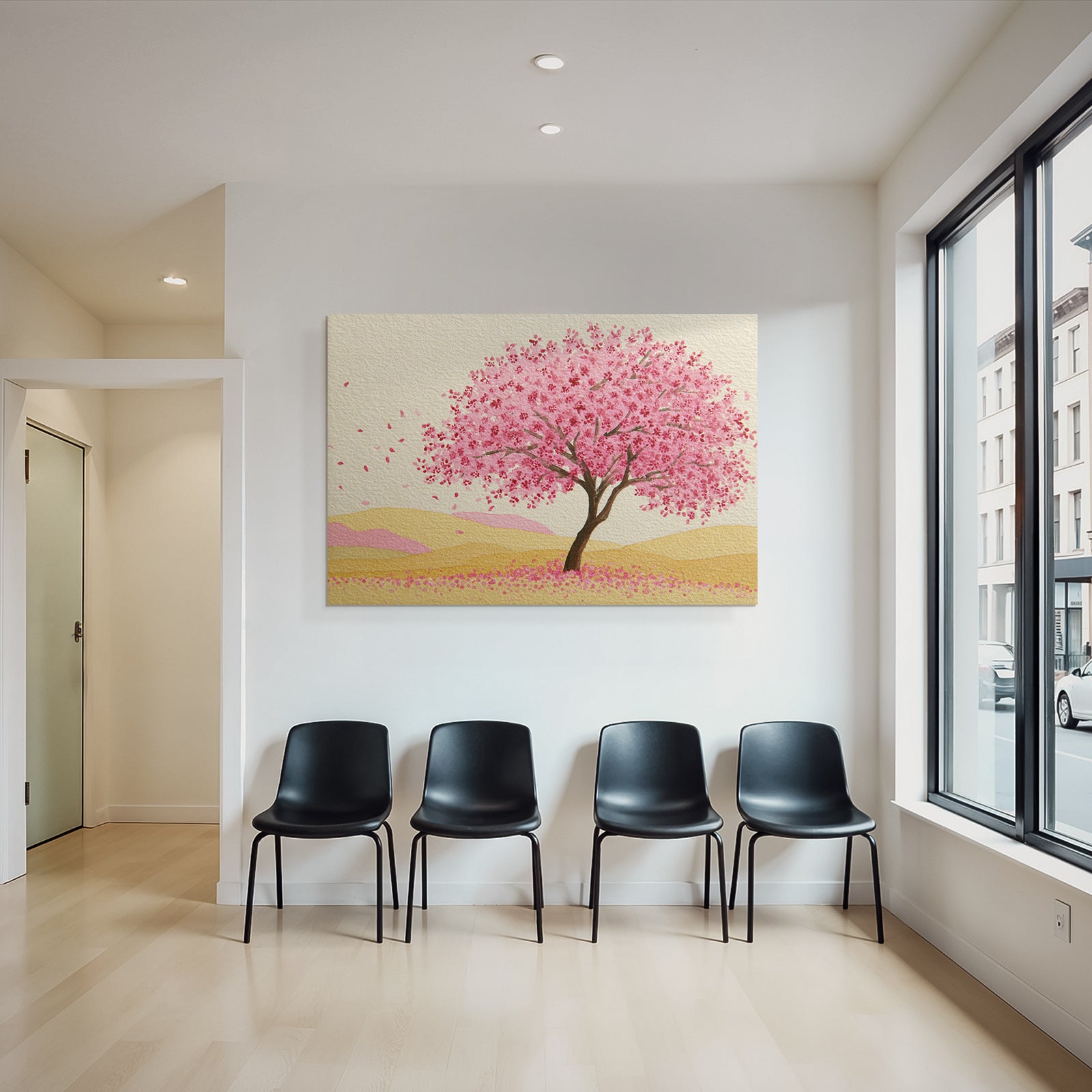 Frühlingslandschaft Mit Rosa Blühendem Baum Und Sanften Hügeln