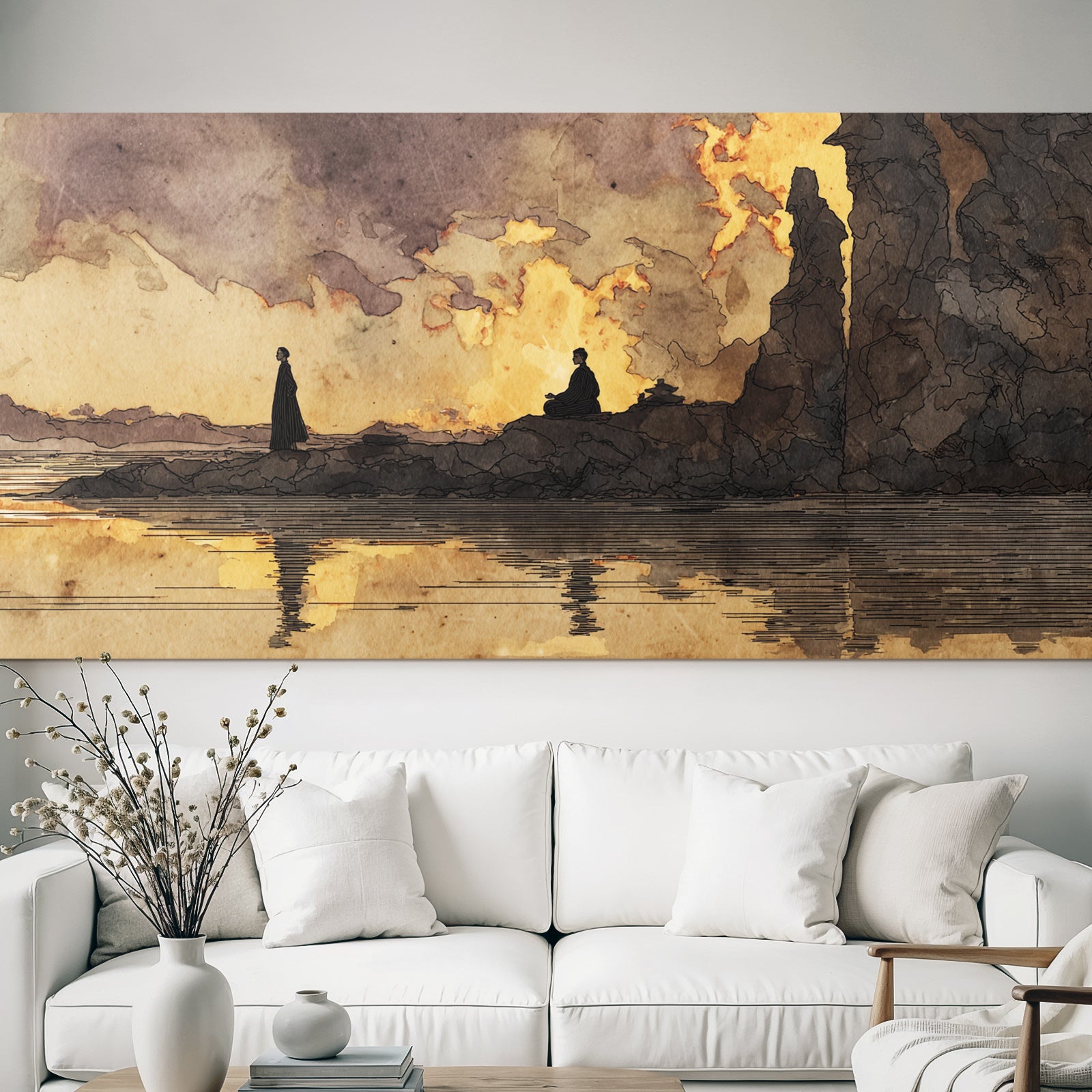 Yoga Meditation Ruhige Landschaft Meditation Wasser Sonnenuntergang Illustration | Yoga und Meditation | Themen und Hobbys