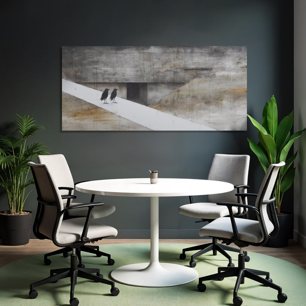 Yoga Meditation Zwei Schwarze Vögel Auf Einem Weissen Pfad Graür Hintergrund Minimalistische Kunst | Yoga und Meditation | Themen und Hobbys