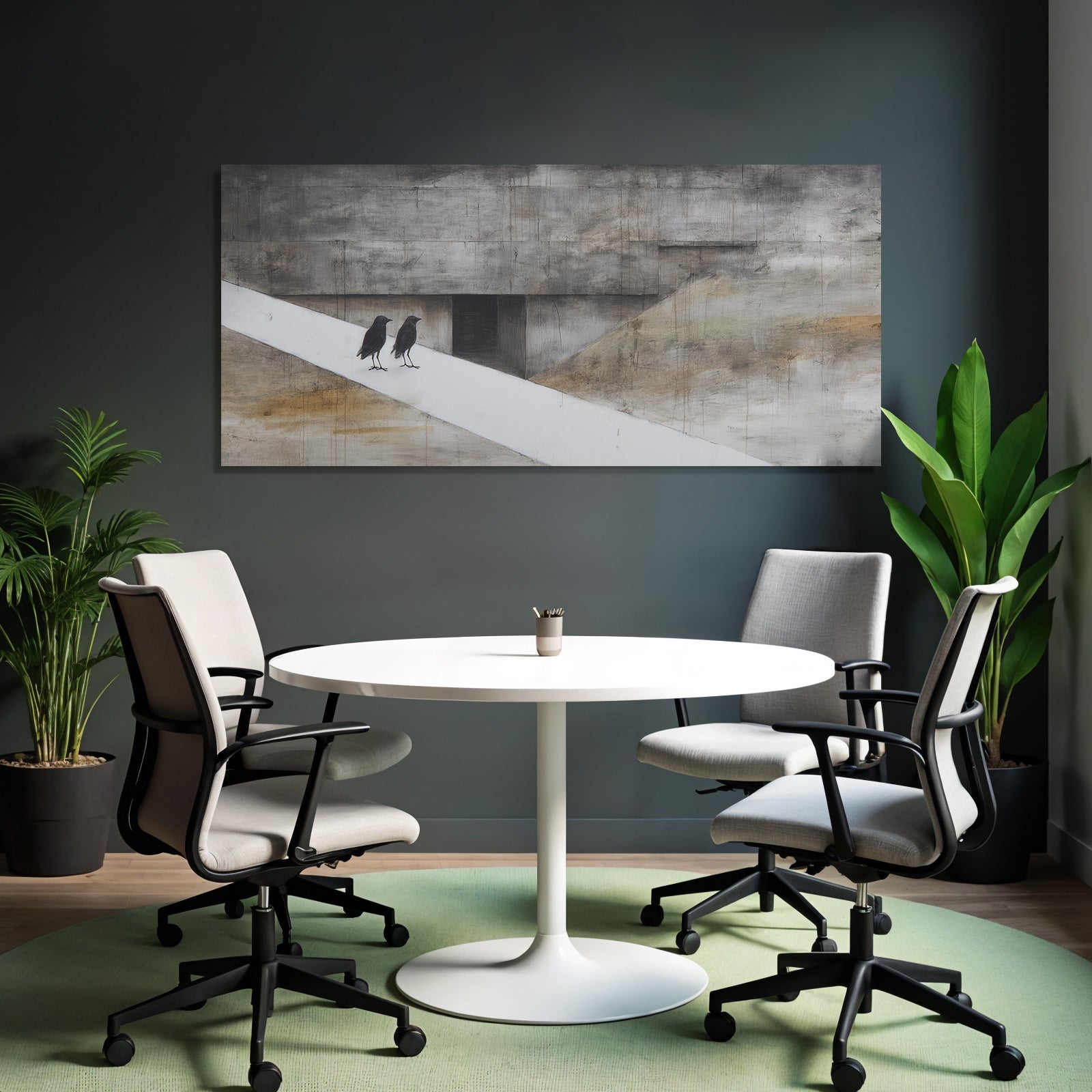 Yoga Meditation Zwei Schwarze Vögel Auf Einem Weissen Pfad Graür Hintergrund Minimalistische Kunst | Yoga und Meditation | Themen und Hobbys