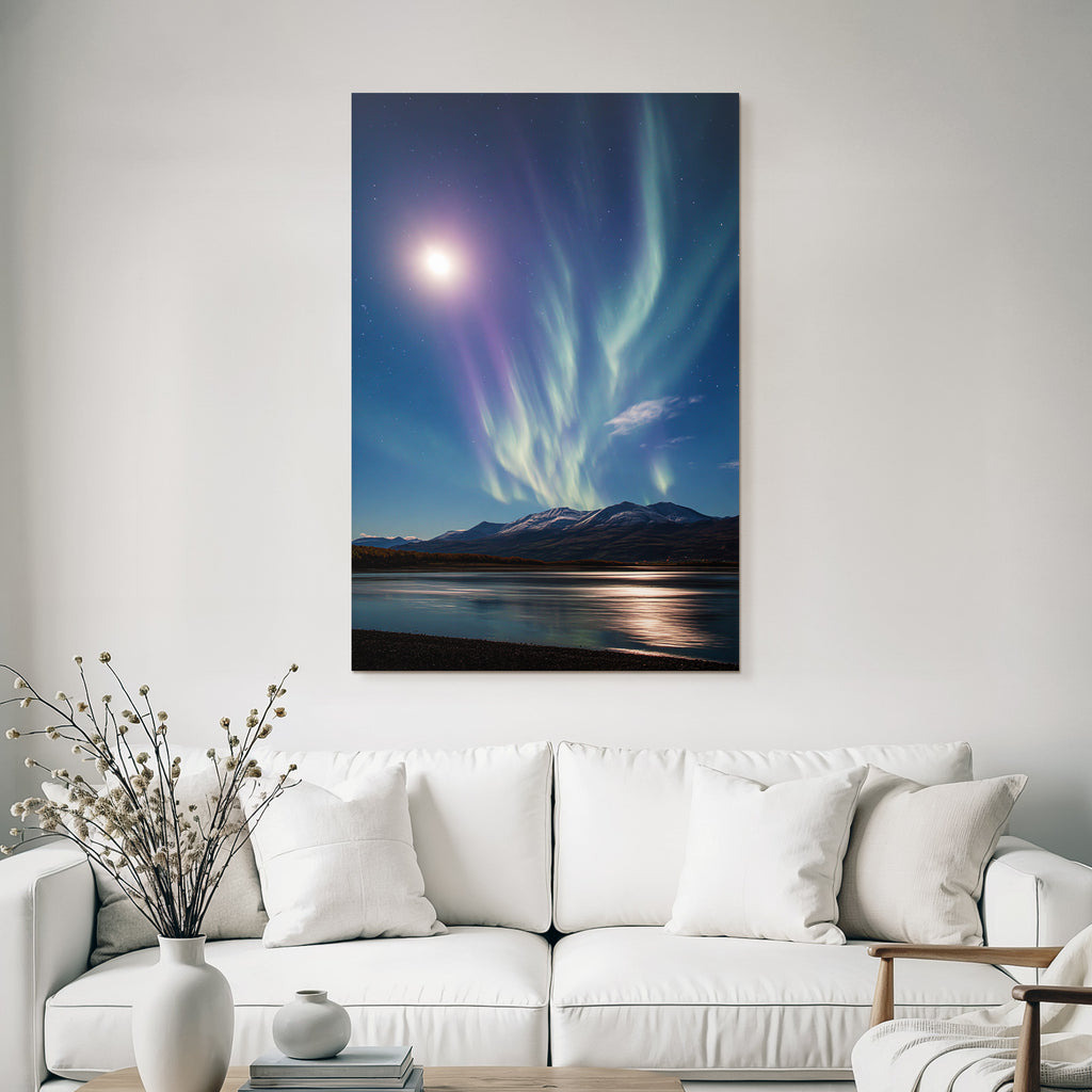 Polarlicht Aurora Borealis Mit Mond Und Berge Reflektiertes Wasser Nachtsky | Fjorde und Gletscher | Landschaften