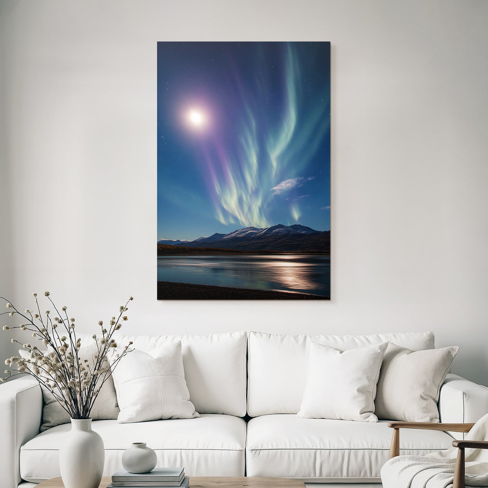Polarlicht Aurora Borealis Mit Mond Und Berge Reflektiertes Wasser Nachtsky | Fjorde und Gletscher | Landschaften