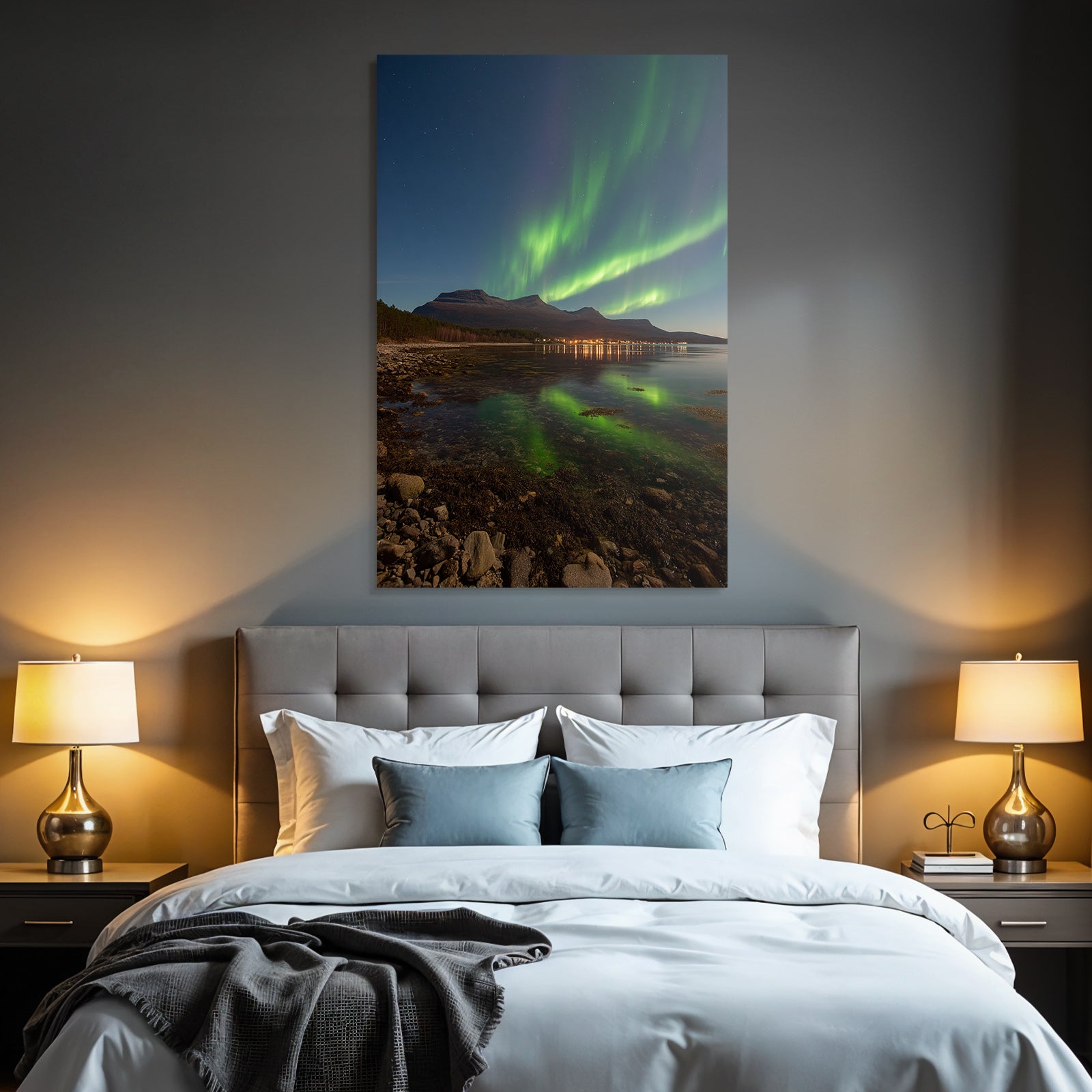 Polarlicht Aurora Borealis Nachtlandschaft Reflektionen In Mirrorssee | Fjorde und Gletscher | Landschaften