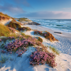 Ruhiger Strand Mit Blumen Und Meereswellen Dawn Dusk | Duenen und Heide | Landschaften