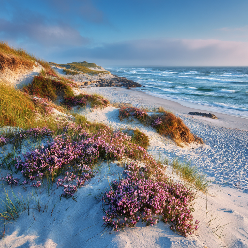 Ruhiger Strand Mit Blumen Und Meereswellen Dawn Dusk | Duenen und Heide | Landschaften