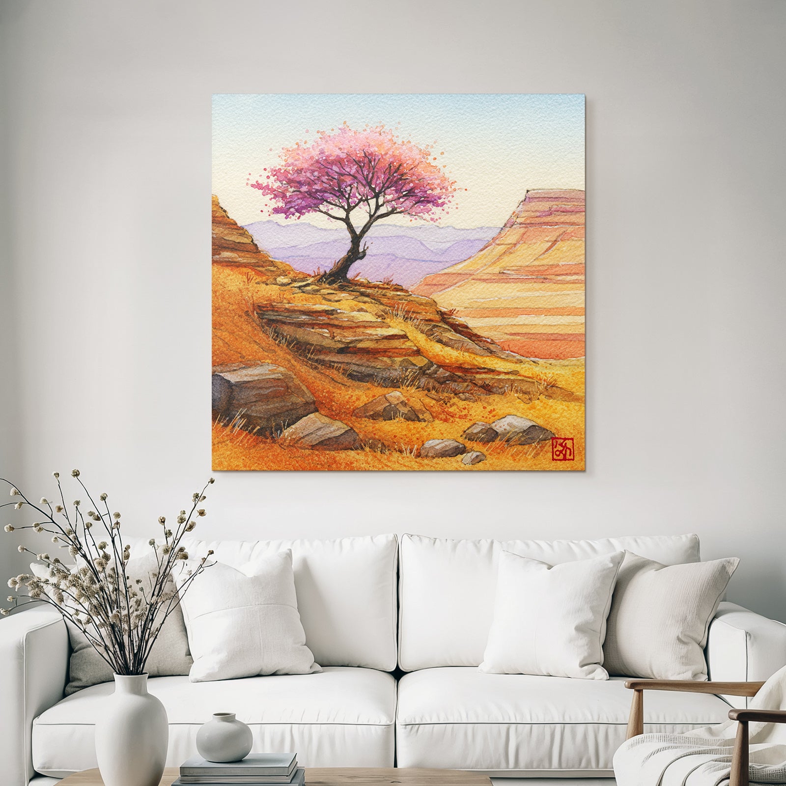Aquarell Einsamer Baum Mit Rosa Blüten Vor Felsigen Hügeln