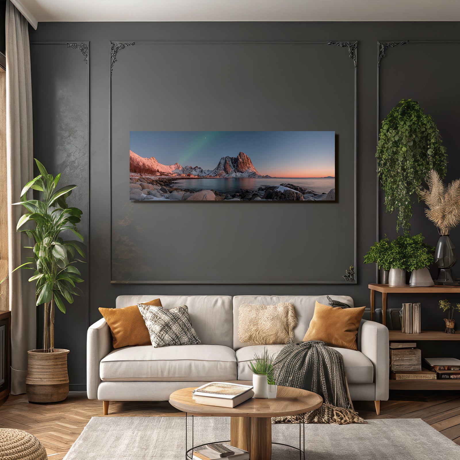 Polarlicht Snowbedeckter Blick Mit Bergen Und Aurora Borealis | Fjorde und Gletscher | Landschaften