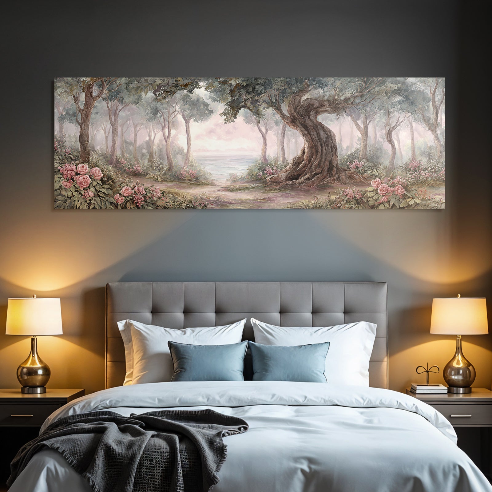 Verträumter Wald Mit Verschlungenem Baum Und Rosen
