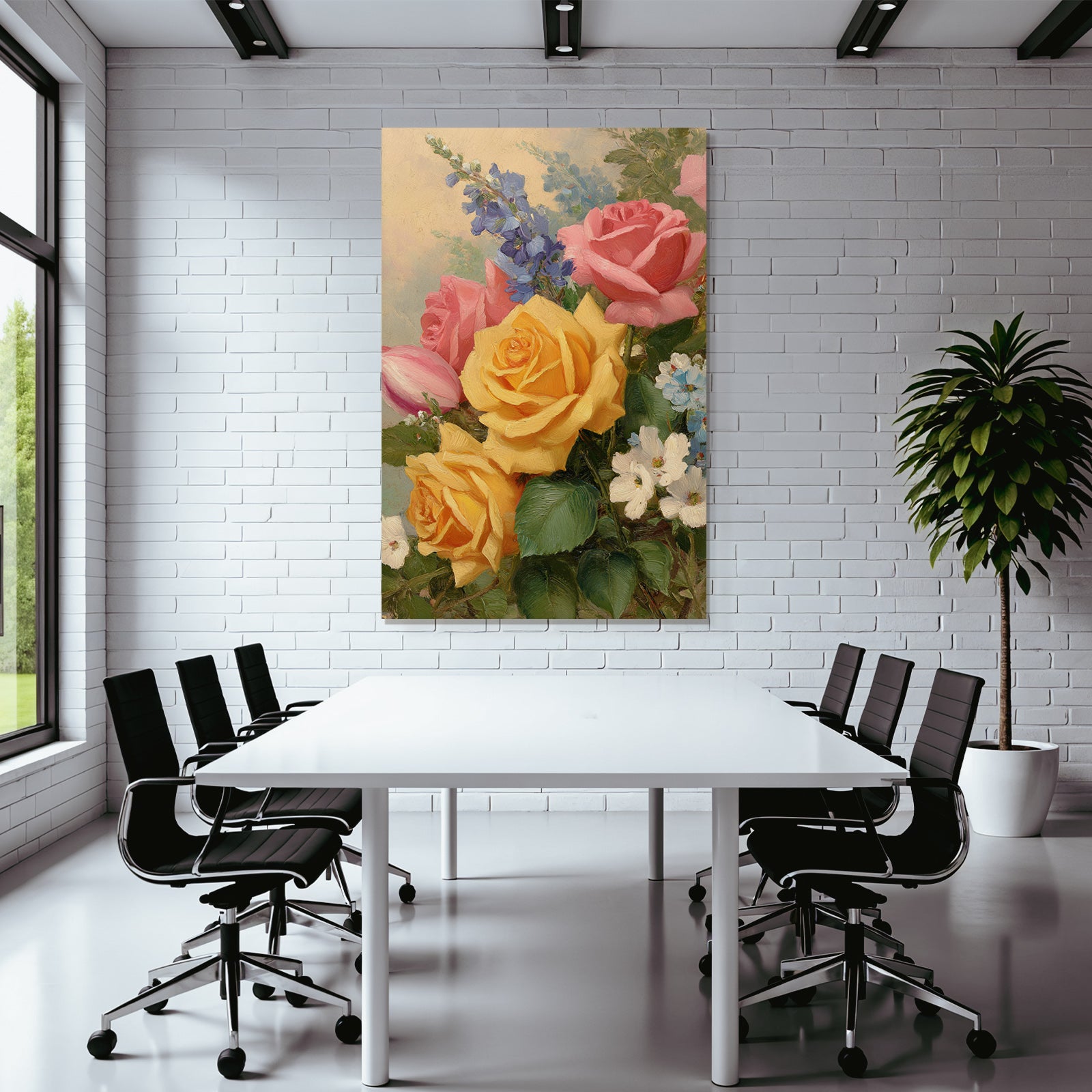 Wunderschöne Lebendige Gesteck Mit Rosen In Gelb Rosa Und Blüten Vor Hellem Hintergrund