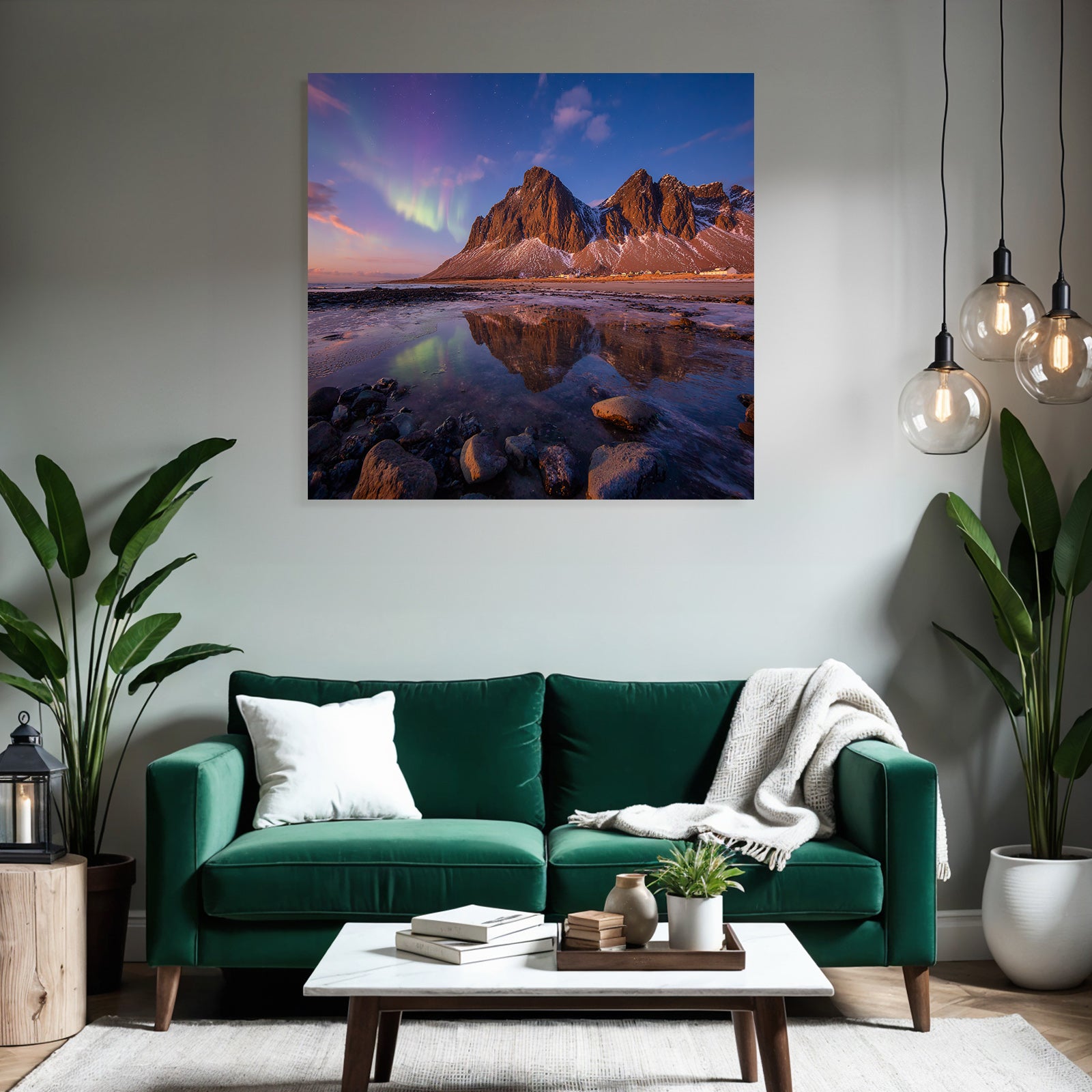 Polarlicht Berglandschaft Aurora Borealis Reflexion Wasser Natur | Fjorde und Gletscher | Landschaften