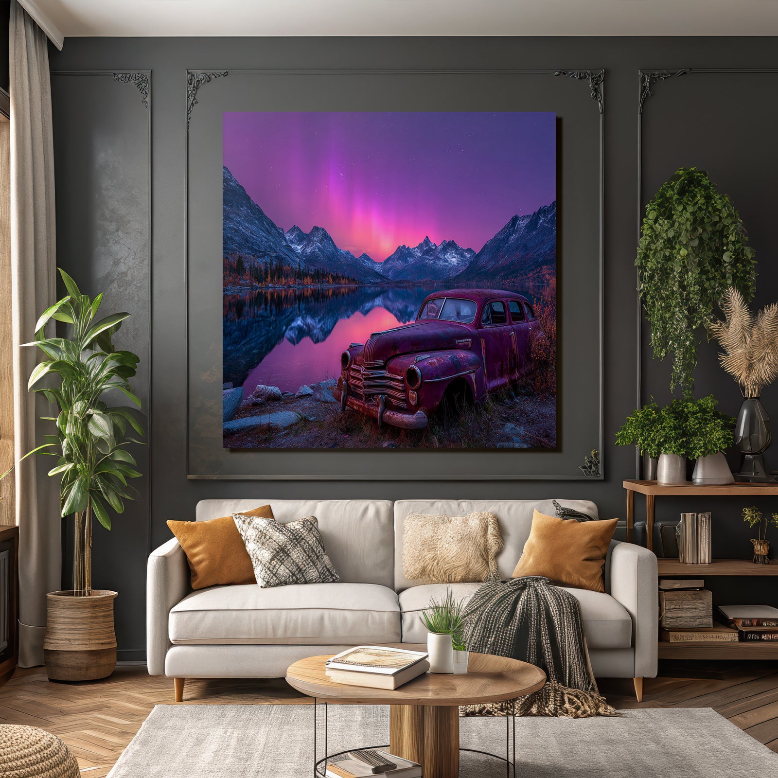 Polarlicht Schöne Natur Landschaft Mit See Und Bergen Und Altem Auto | Fjorde und Gletscher | Landschaften