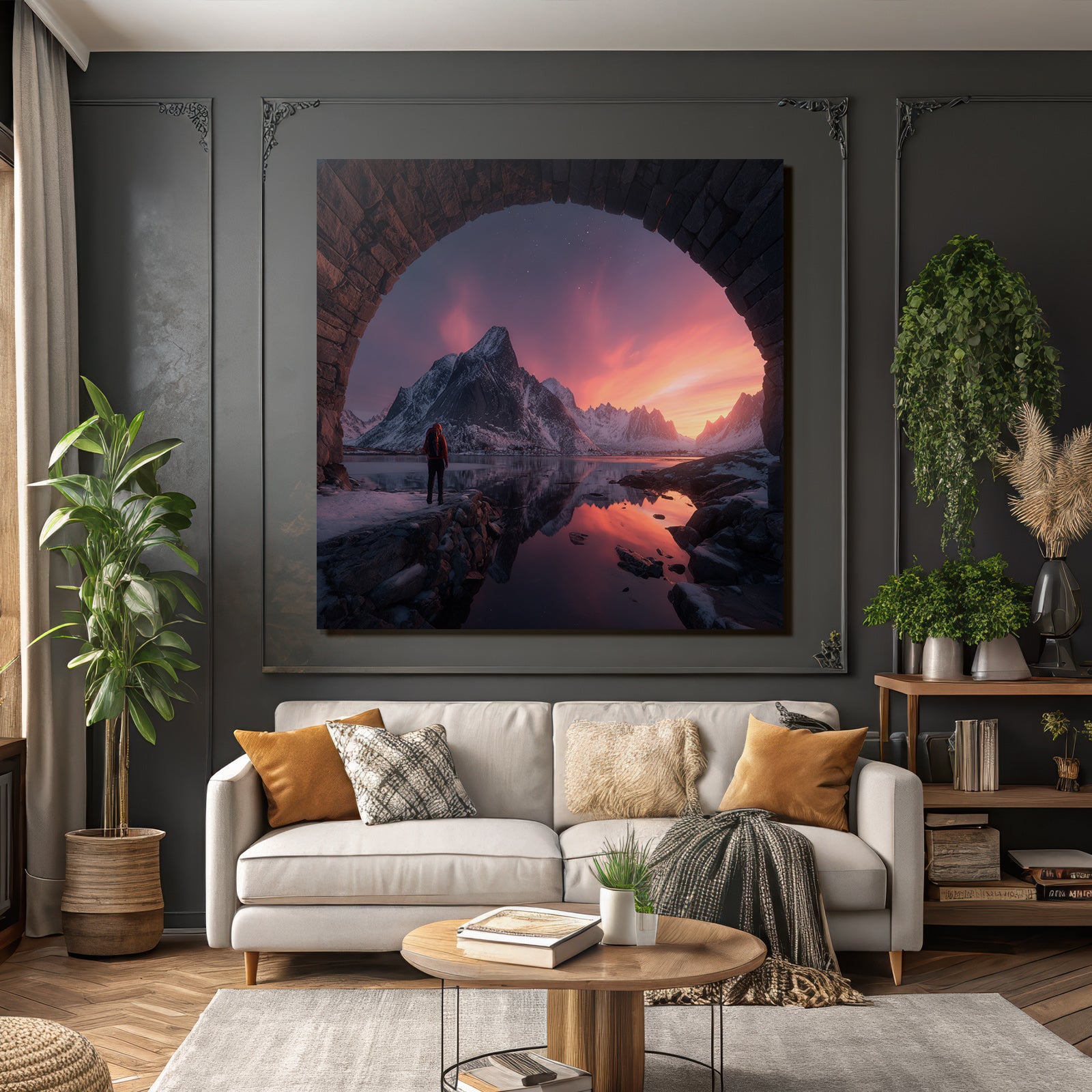 Polarlicht Breathtaking Landschaft Mit Person Und Steinbogen Am Gebirgespiegelung Bei Sonnenaufgang | Fjorde und Gletscher | Landschaften