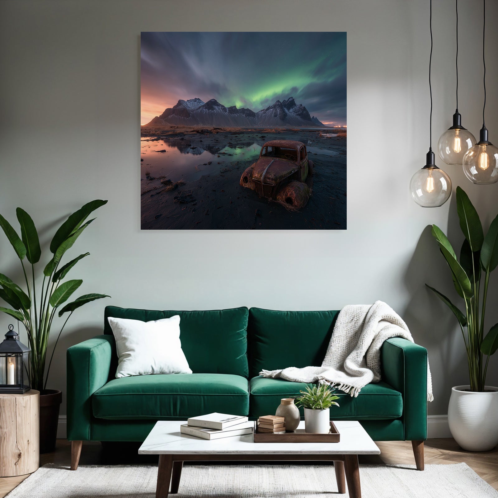 Polarlicht Rustiger Alter Wagen Im Vordergrund Unter Aurora Borealis Himmel | Fjorde und Gletscher | Landschaften