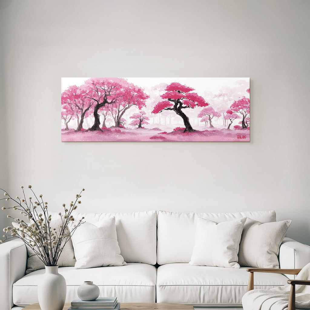 Traumhafte Waldlandschaft Mit Rosa Bäumen Und Wasserfarbeffekt