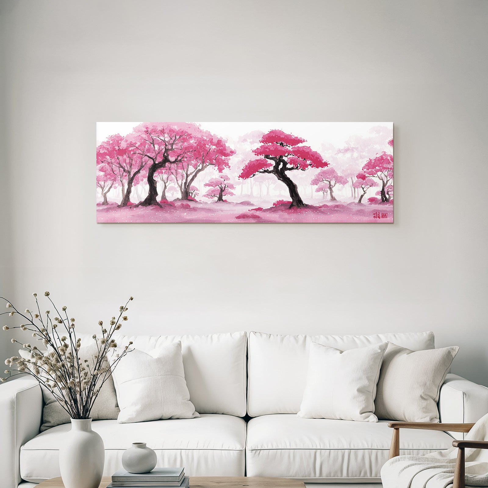 Traumhafte Waldlandschaft Mit Rosa Bäumen Und Wasserfarbeffekt