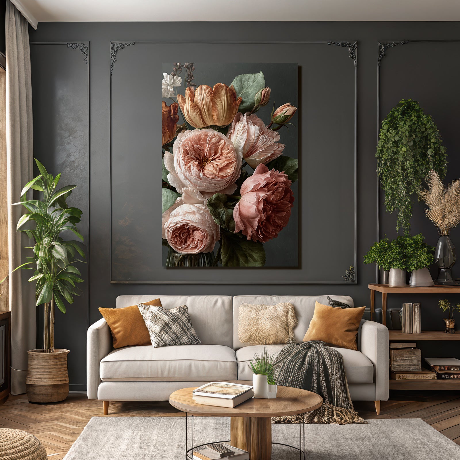 Warmes Rosen Und Tulpen Bouqüt Vor Dunklem Hintergrund