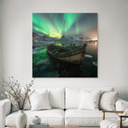 Polarlicht Winterlandschaft Boote Auroraborealis Schneebärgebirge | Fjorde und Gletscher | Landschaften