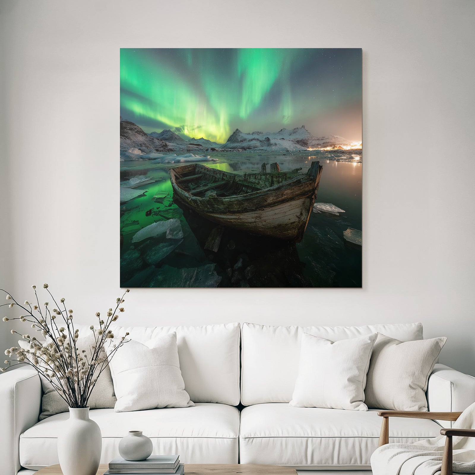 Polarlicht Winterlandschaft Boote Auroraborealis Schneebärgebirge | Fjorde und Gletscher | Landschaften