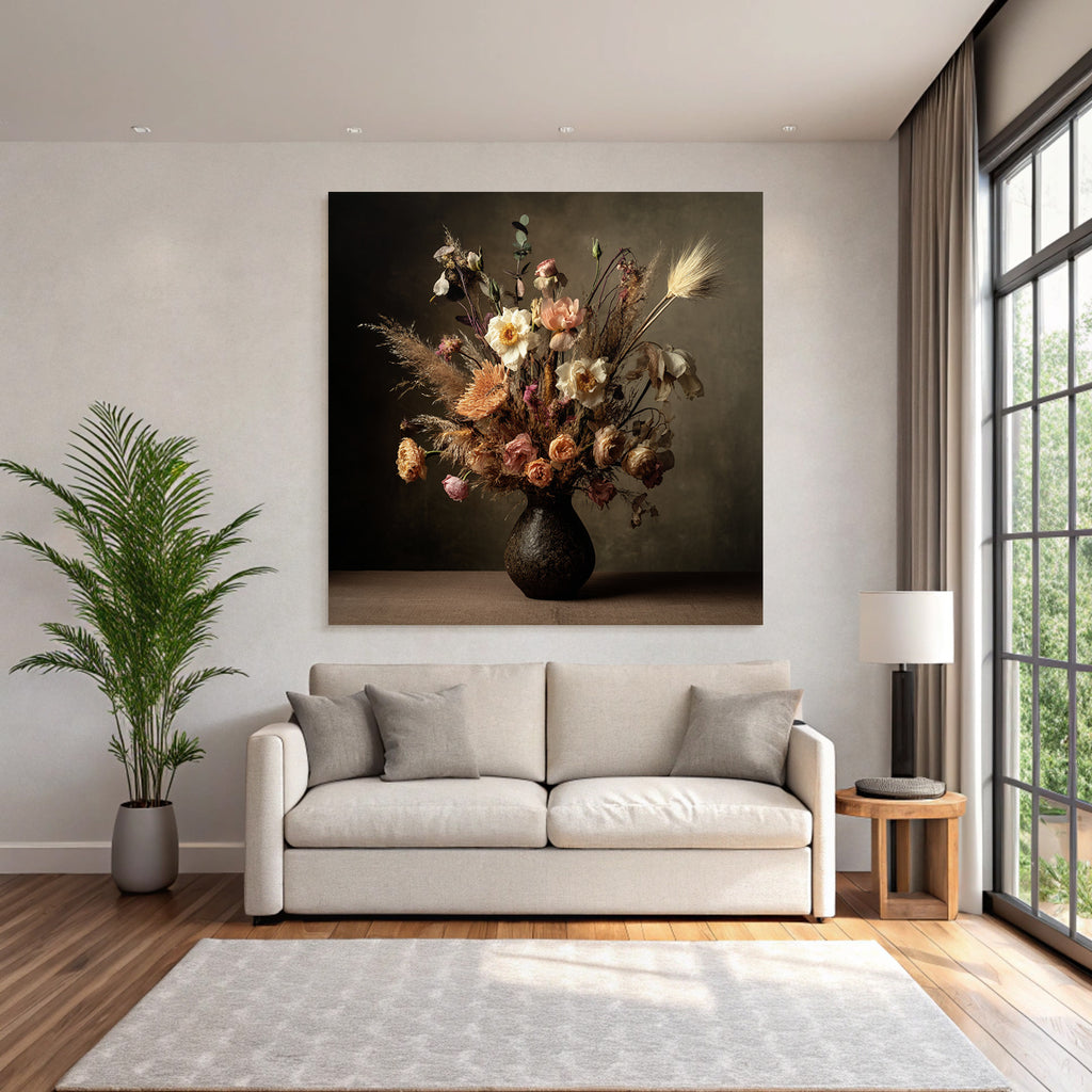 Trocken Retro Flowers Getrocknete Kranz Im Dunklen Vase Mit Warmem Hintergrund