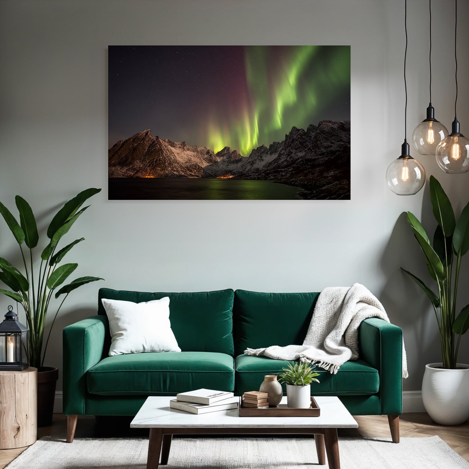 Polarlicht Aurora Borealis Schnee Bedeckte Berge Sternenhimmel | Fjorde und Gletscher | Landschaften