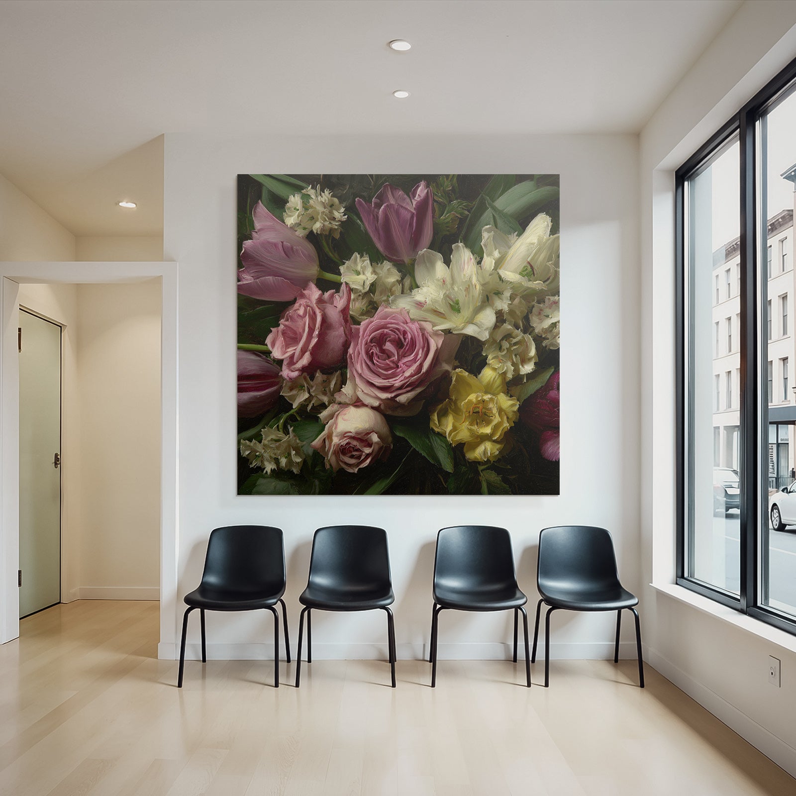 Bunte Anordnung Mit Rosen Tulpen Und Anderen Blüten
