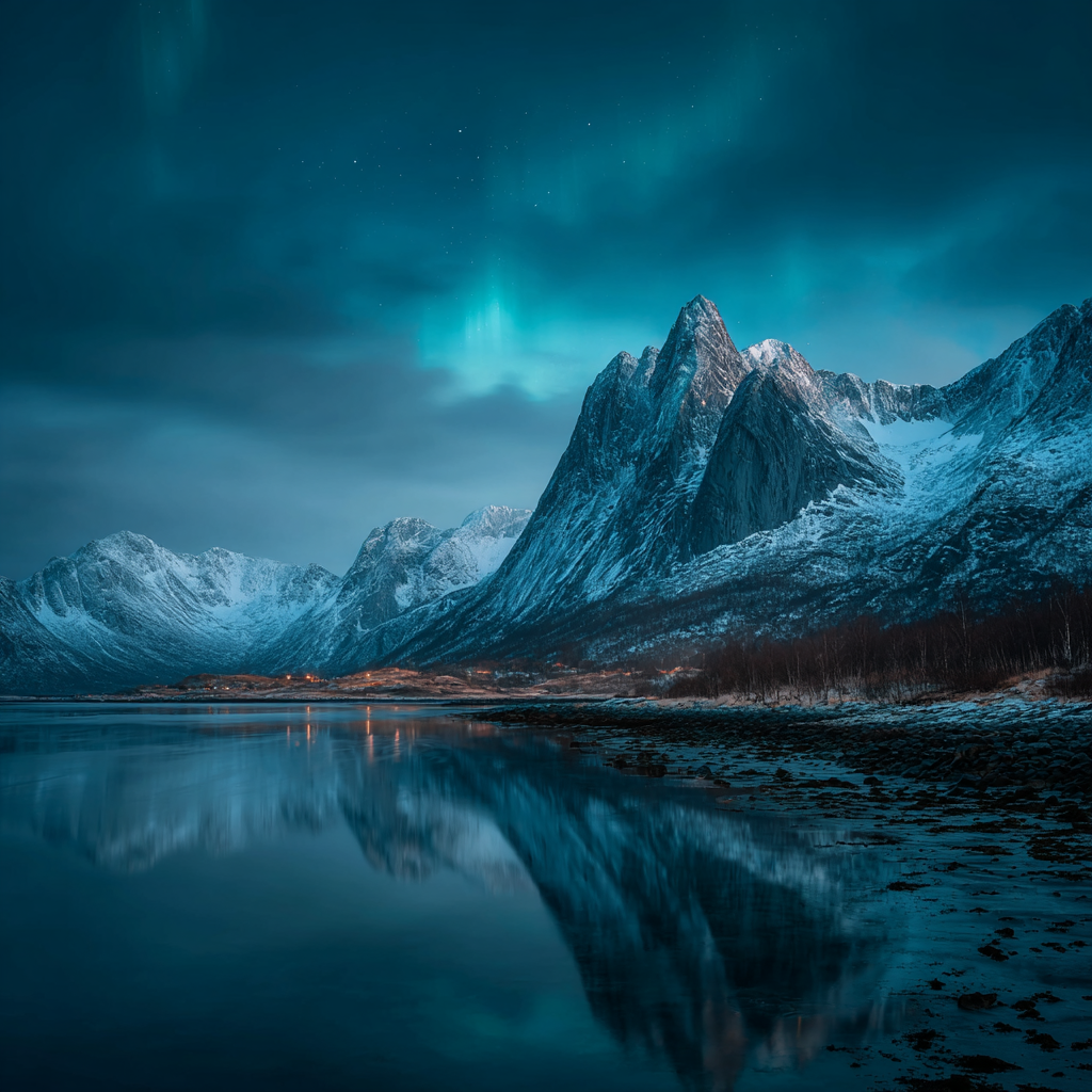 Polarlicht Stimmungsvolle Berganlage Unter Der Aurora Borealis | Fjorde und Gletscher | Landschaften