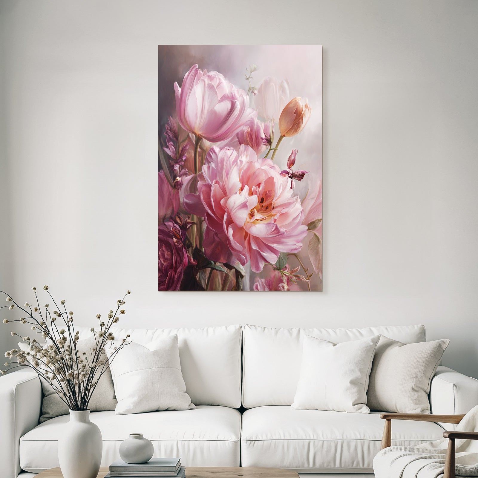 Schöne Anordnung Rosa Und Lila Tulpen Und Pfingstrosen