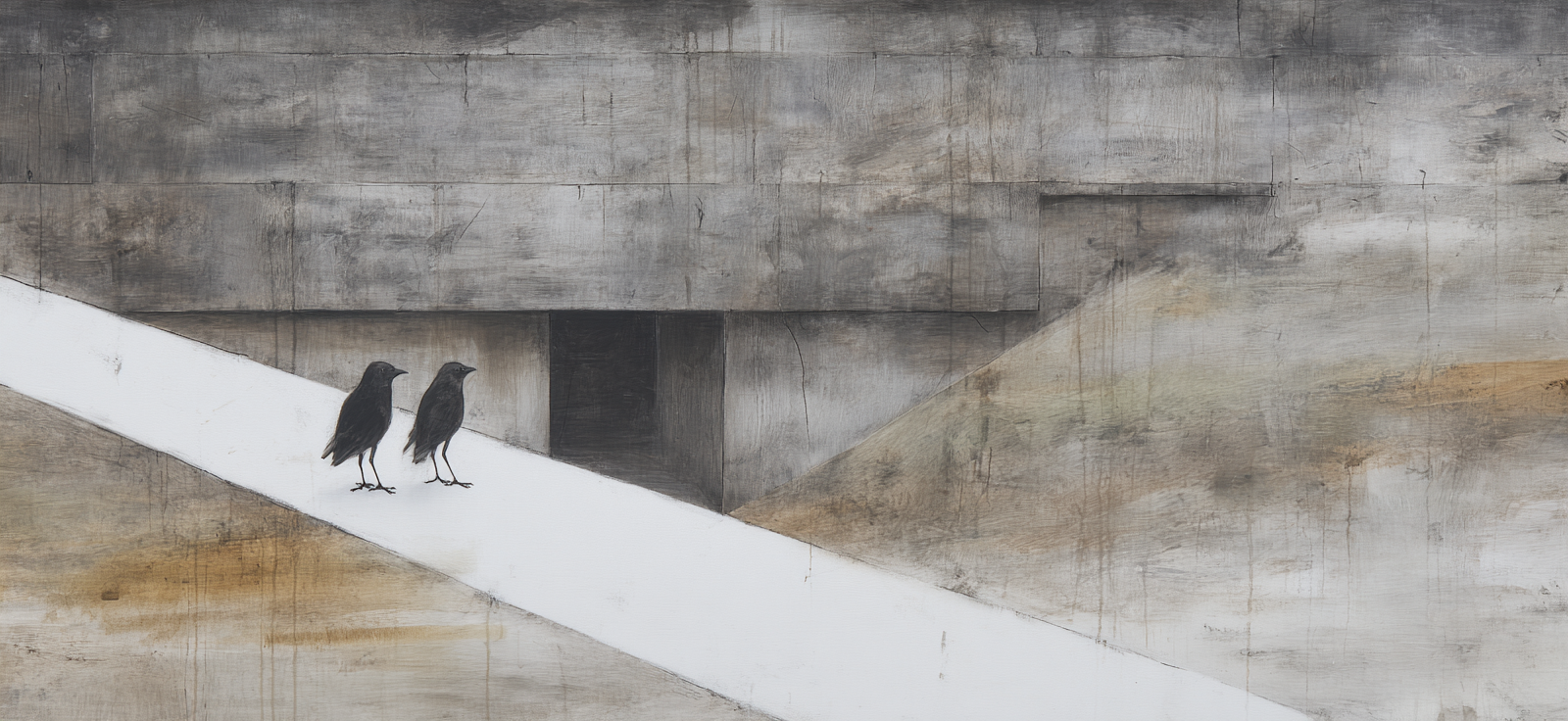 Yoga Meditation Zwei Schwarze Vögel Auf Einem Weissen Pfad Graür Hintergrund Minimalistische Kunst | Yoga und Meditation | Themen und Hobbys