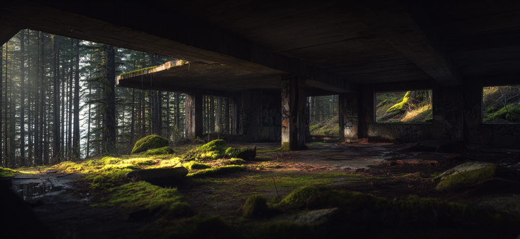 Verlassene Struktur Mit Moos Und Überwuchertem Wald | Lost Places | Architektur