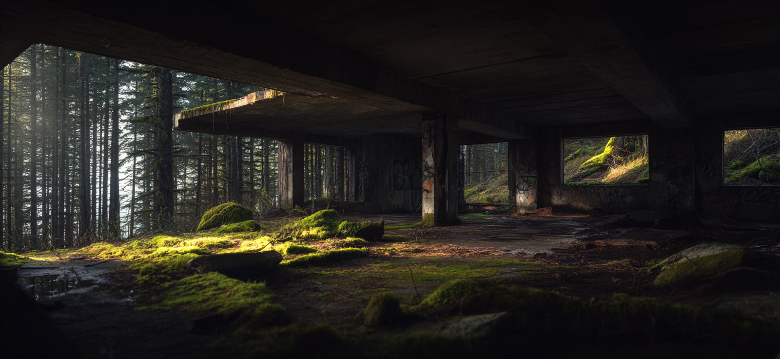 Verlassene Struktur Mit Moos Und Überwuchertem Wald | Lost Places | Architektur