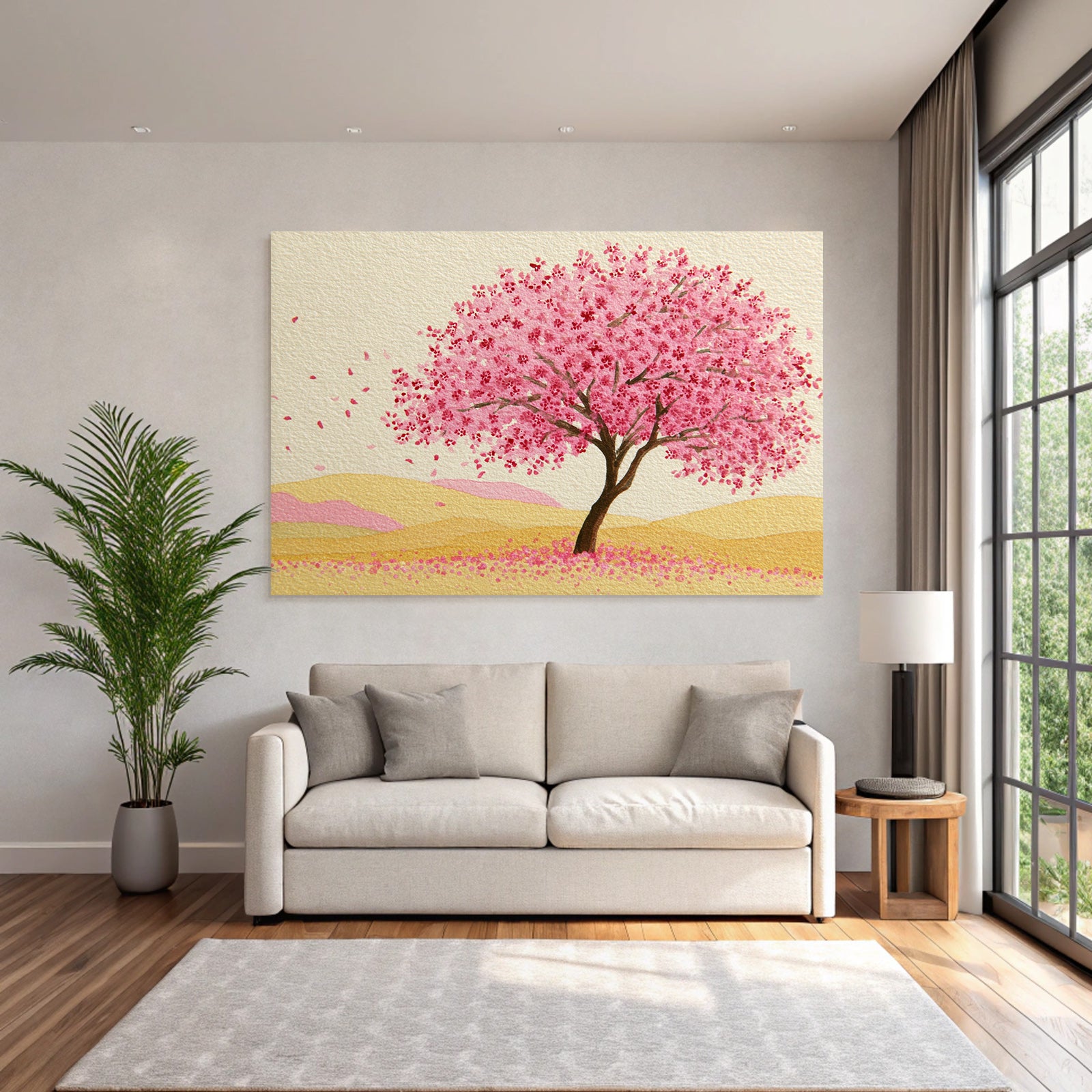 Frühlingslandschaft Mit Rosa Blühendem Baum Und Sanften Hügeln