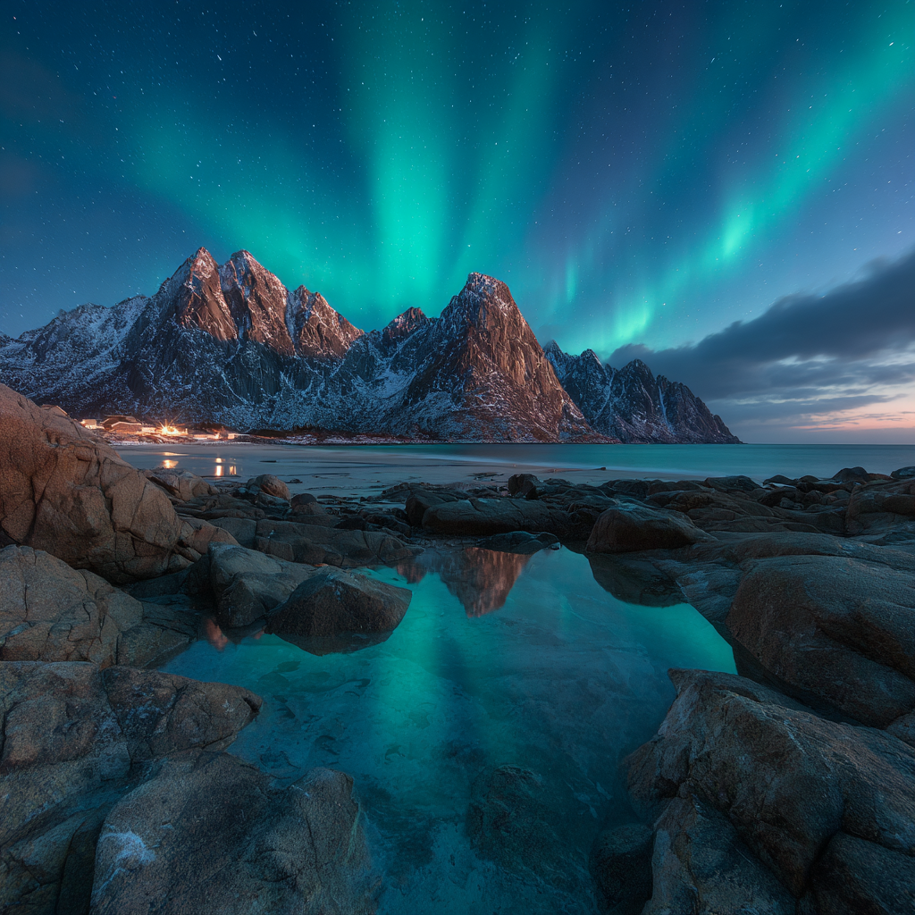 Polarlicht Nordlichter Berggipfel Reflexion Wasser Schnee Landschaft | Fjorde und Gletscher | Landschaften