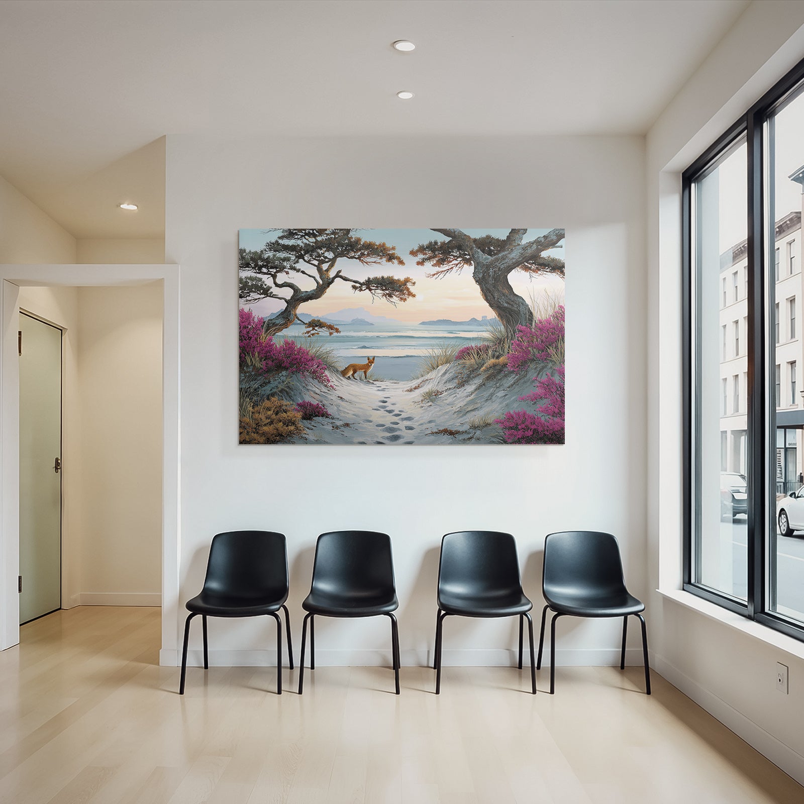 Szenenlandschaft Mit Strand Und Fox Unter Bergen Und Blumen | Duenen und Heide | Landschaften