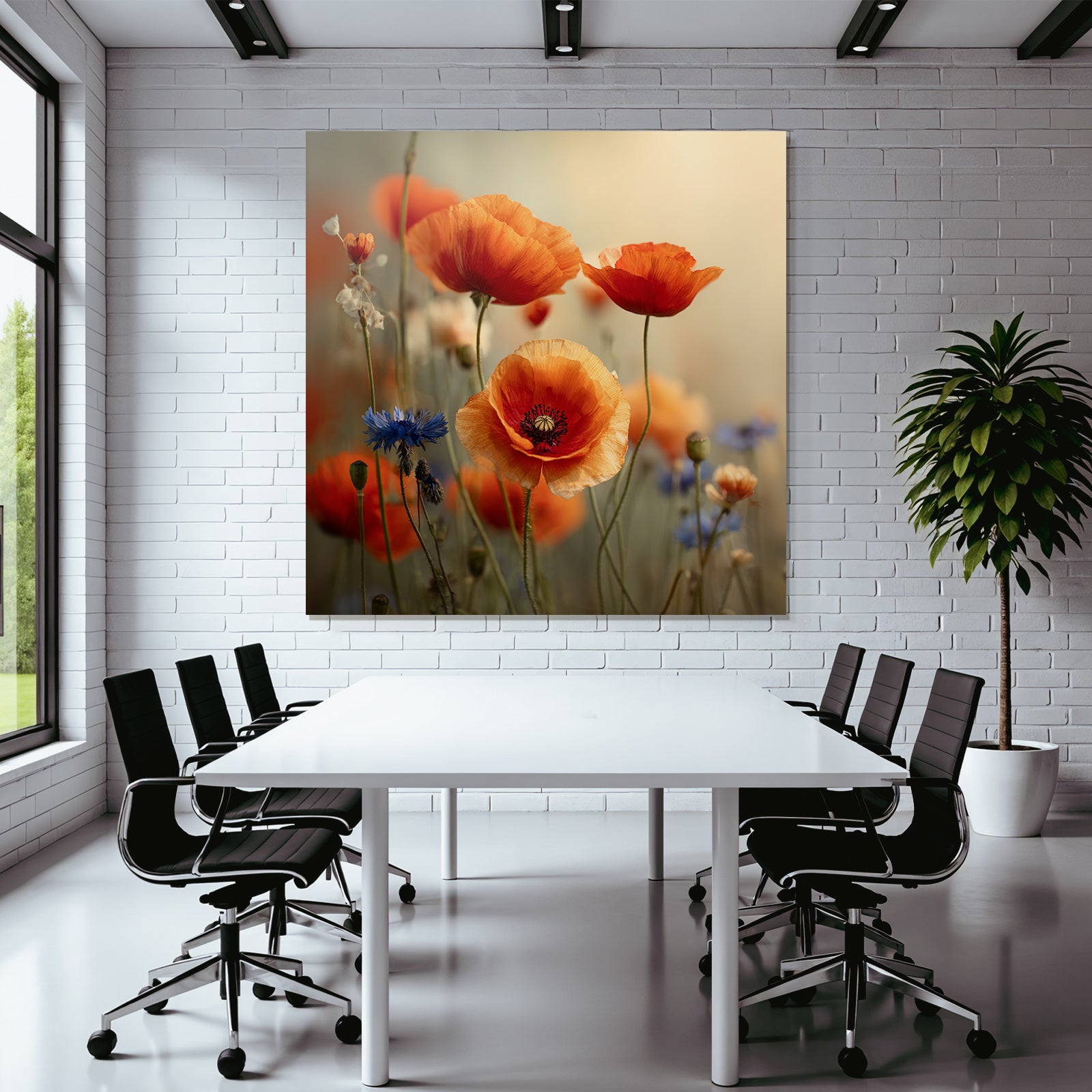 Lebhafte Wiese Mit Orangen Mohn Und Blaün Korn