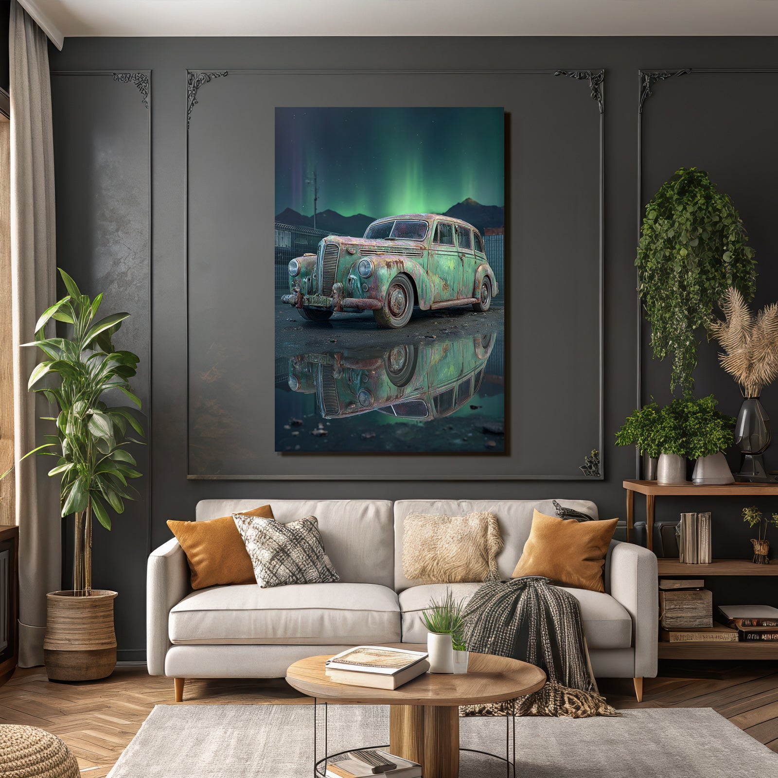 Polarlicht Alte Vintage Autos Schneelandschaft Northern Lights Reflexion In Pfütze | Fjorde und Gletscher | Landschaften