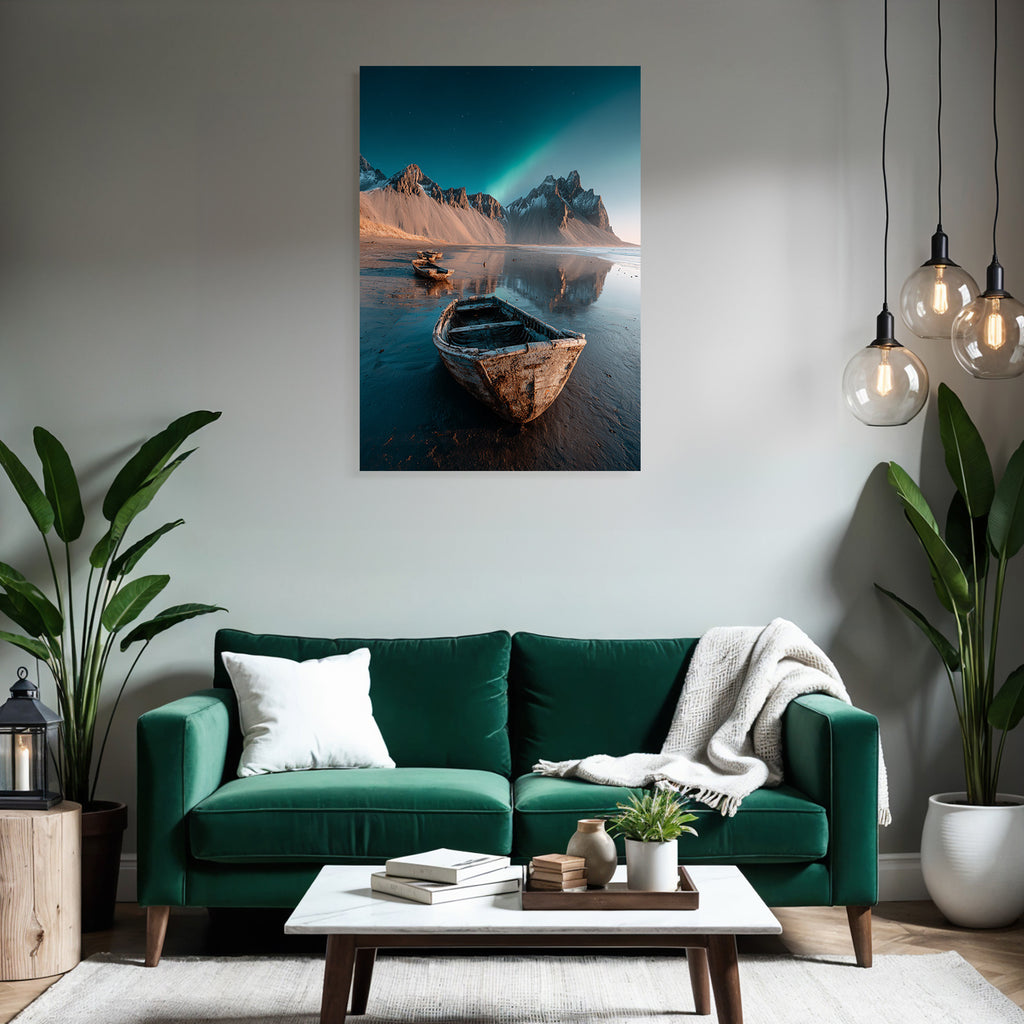 Polarlicht Tranquille Küstenlandschaft Mit Boote Und Aurora Borealis | Fjorde und Gletscher | Landschaften