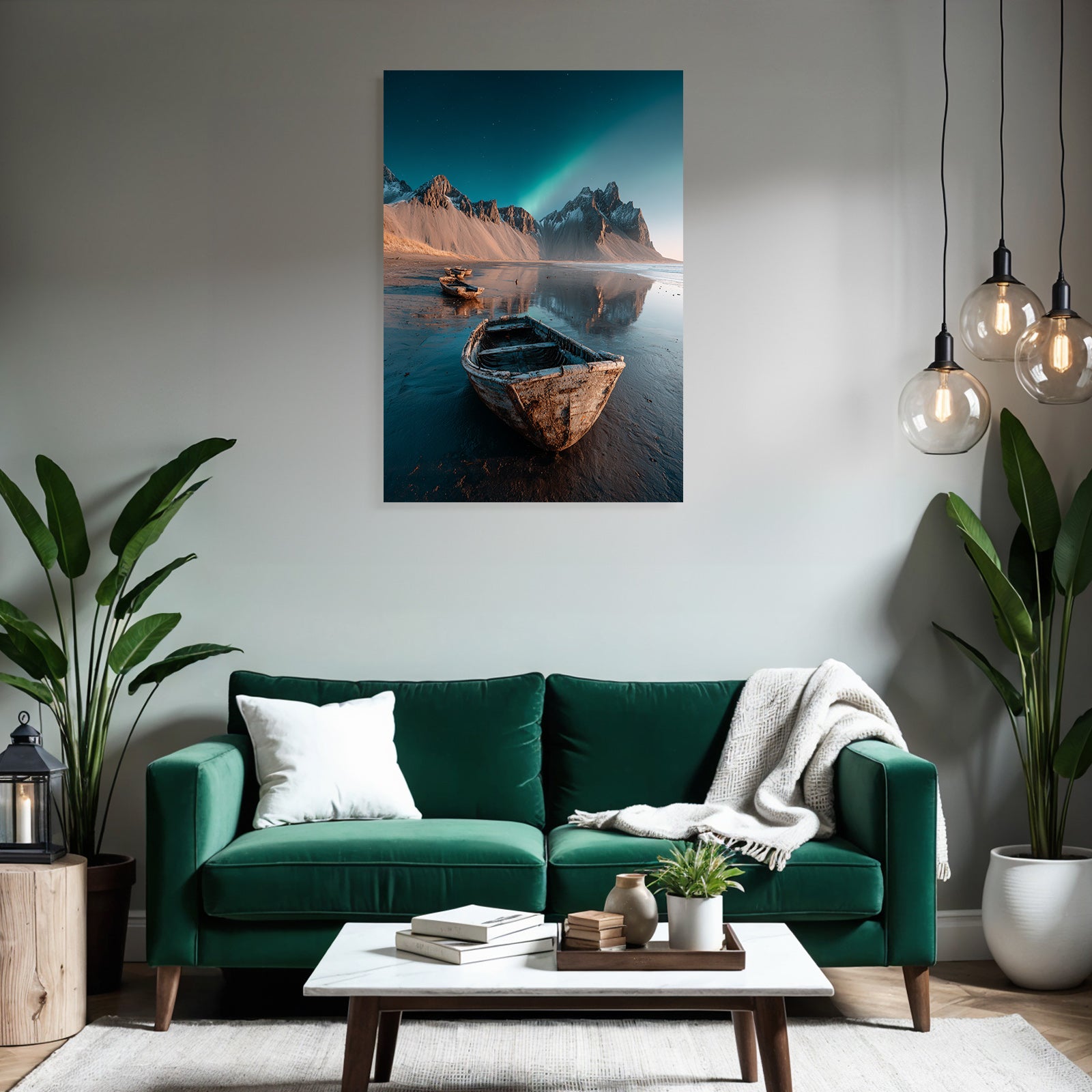 Polarlicht Tranquille Küstenlandschaft Mit Boote Und Aurora Borealis | Fjorde und Gletscher | Landschaften