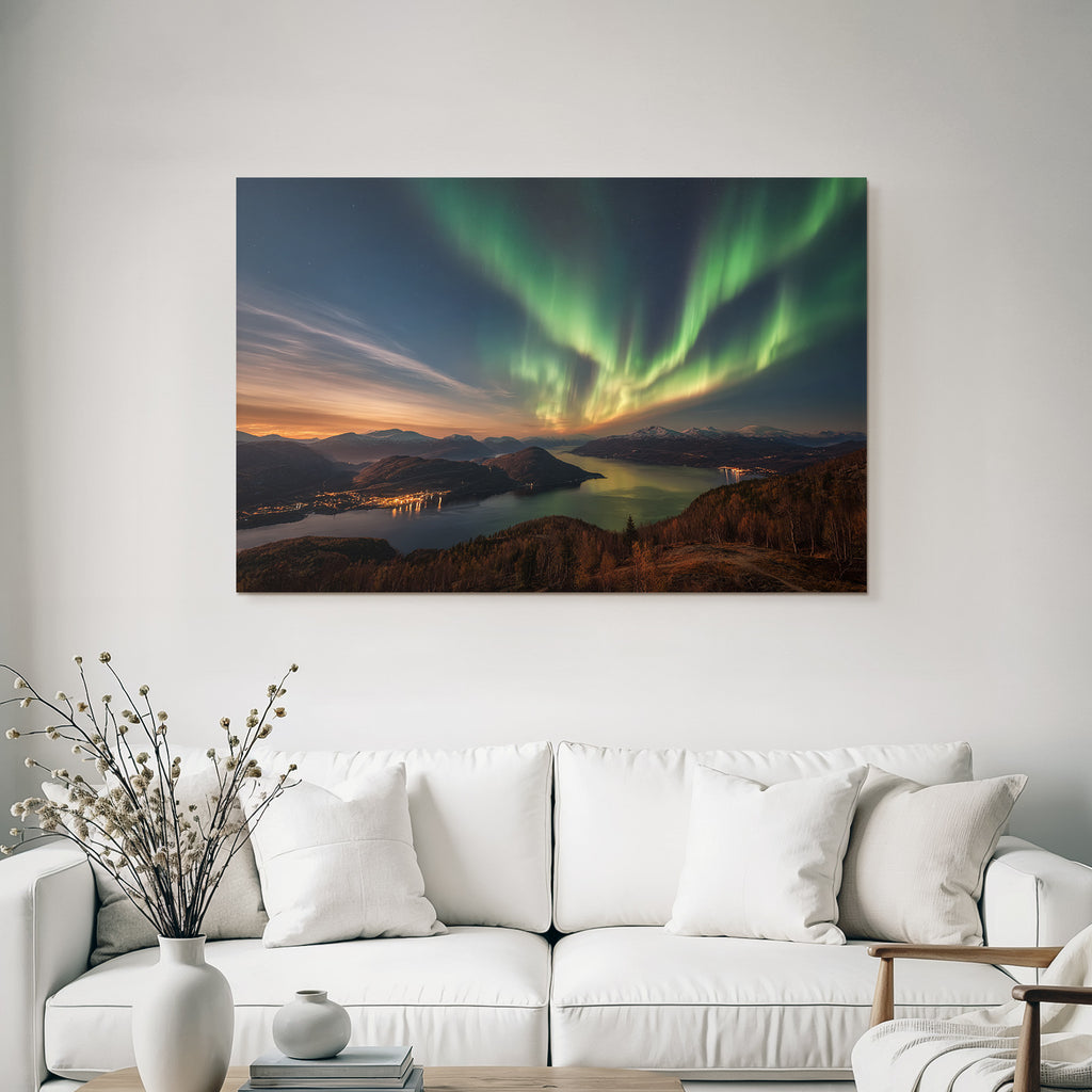 Polarlicht Nordlichter Über Berge Und Fjord Wunderschöne Naturerscheinung | Fjorde und Gletscher | Landschaften