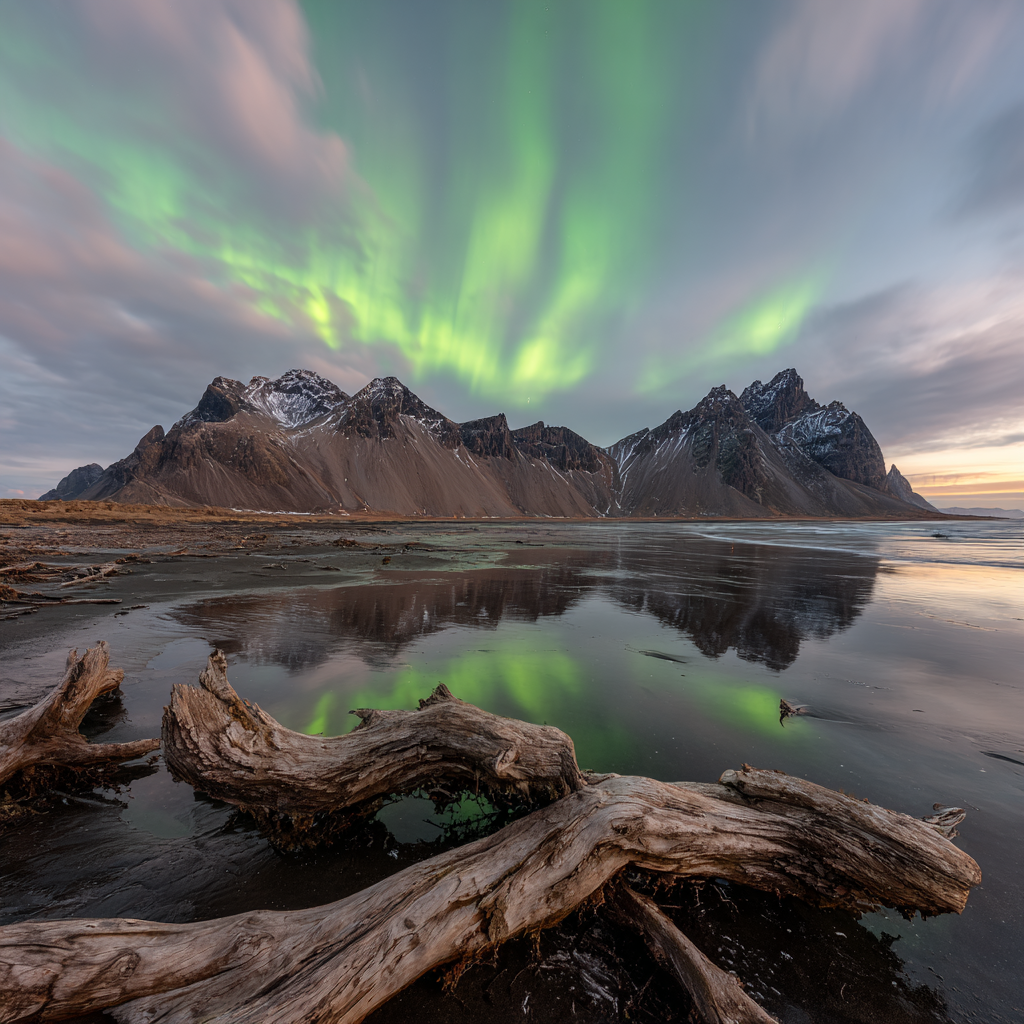 Polarlicht Natürliche Landschaft Mit Aurora Borealis Und Reflexionen | Fjorde und Gletscher | Landschaften