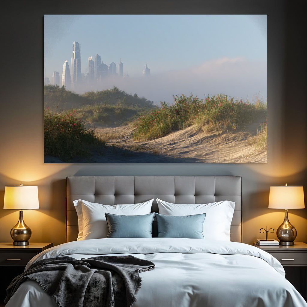 Ruhige Landschaft Sanddünen Und Futuristische Stadt Skyline | Duenen und Heide | Landschaften