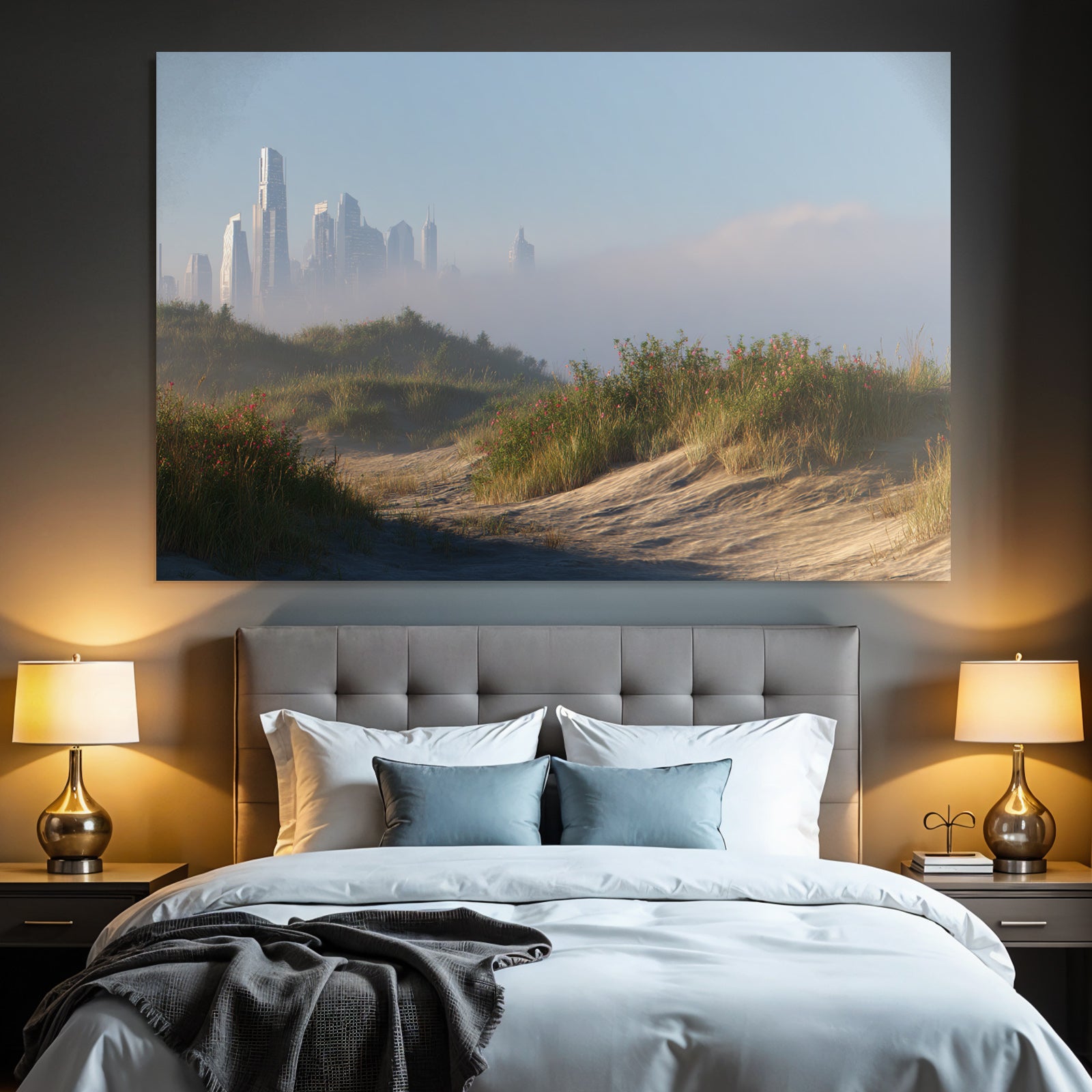 Ruhige Landschaft Sanddünen Und Futuristische Stadt Skyline | Duenen und Heide | Landschaften