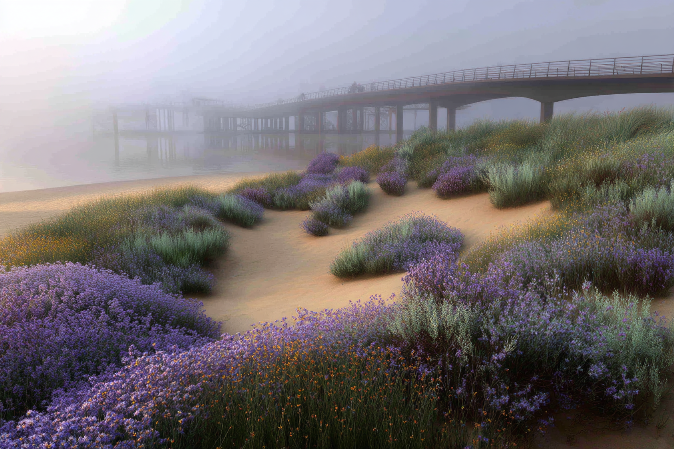 Friedliche Landschaft Mit Pier Und Nebel Mit Lila Blumen | Duenen und Heide | Landschaften