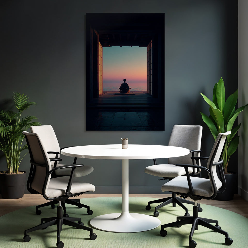Yoga Meditation Ruhige Szene Person Meditiert See Horizont Sonnenuntergang Japanisches Design | Yoga und Meditation | Themen und Hobbys