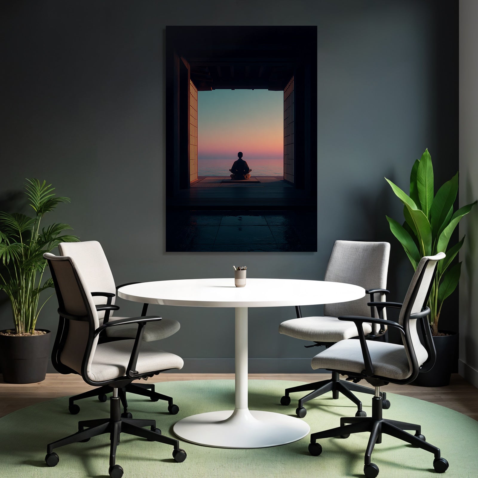 Yoga Meditation Ruhige Szene Person Meditiert See Horizont Sonnenuntergang Japanisches Design | Yoga und Meditation | Themen und Hobbys